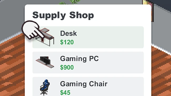 Equipment: the Supply Shop's desk, gaming PC and gaming chair