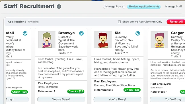 Staffing: the applications waiting in Staff Recruitment, each with a candidate's past jobs and references