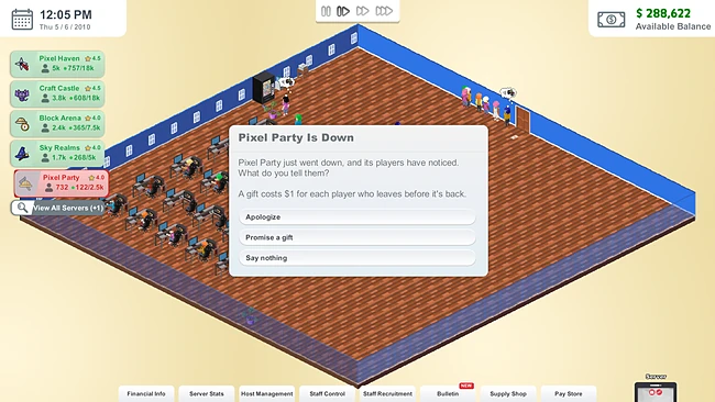 A server goes down: Pixel Party Is Down, with the choices Apologize, Promise a gift or Say nothing