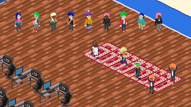A fashion show in the office: fourteen staff model the game's looks along a red-carpet runway