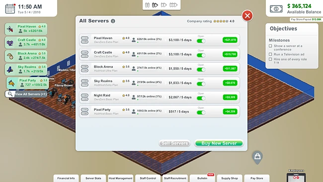 The All Servers window: six servers, each with its host plan, players online, cost, an Open switch and its profit